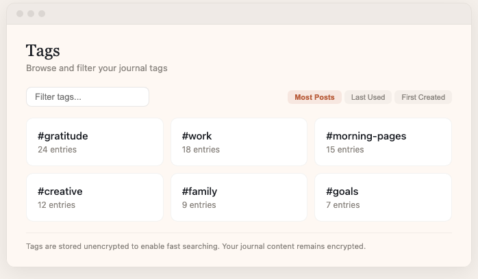 Tag browser showing all tags in a filterable grid with sort options