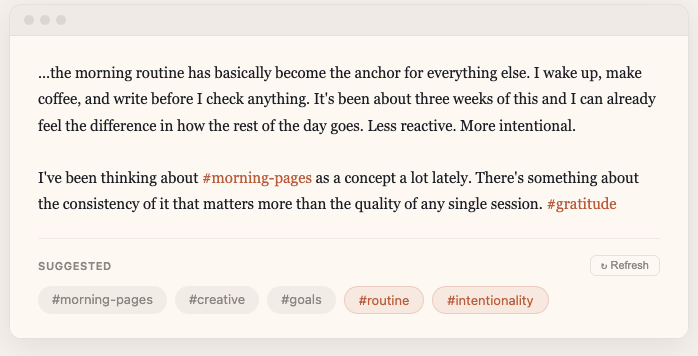 Tag suggestions appearing below the editor during a writing session
